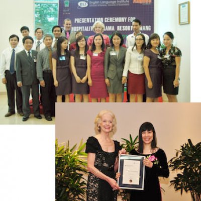 Her Excellency Ms Quentin Bryce AC with staff at the University of Danang-University of Queensland English Language Institute (UD-UQ ELI) (top) and presenting Dr Pham Thi Hong Nhung an Australian Government Endeavour Executive Award during her visit to Vietnam in May 2011.